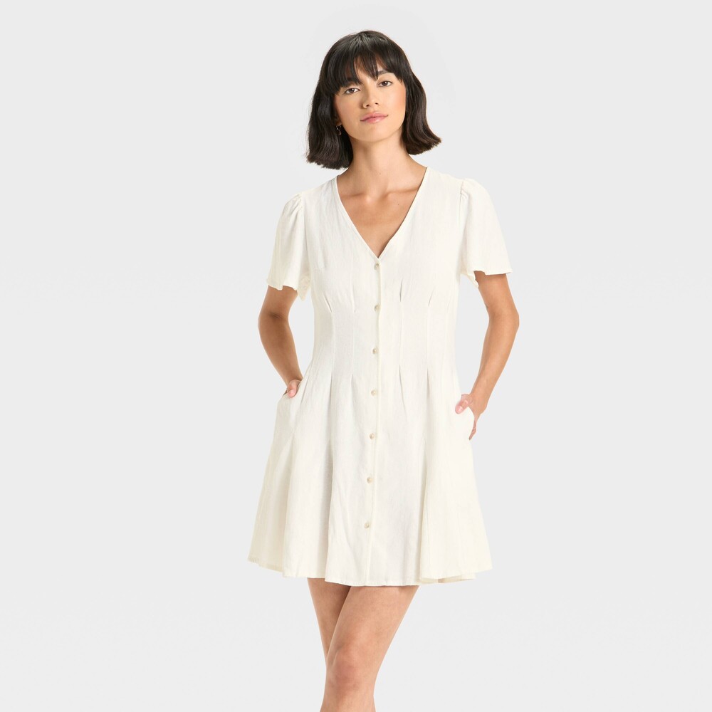 Short Sleeve Button-Front Mini A-Line Dress - White S